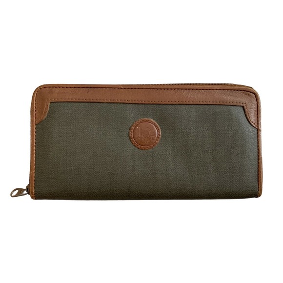 Christian Dior Vintage Wallet Olive Brown Leather Logo Zip Around - Picture 1 of 13
